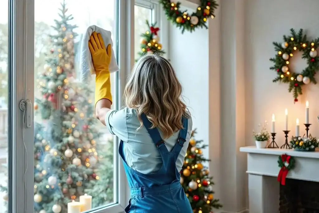 Professional cleaner performing a one-time deep clean on windows with holiday decorations in the background.