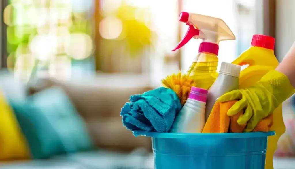 colorful cleaning supplies in blue bucket