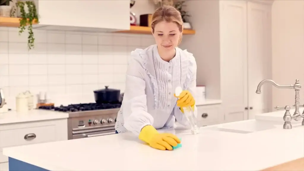 woman spraying and wiping kitchen countertop