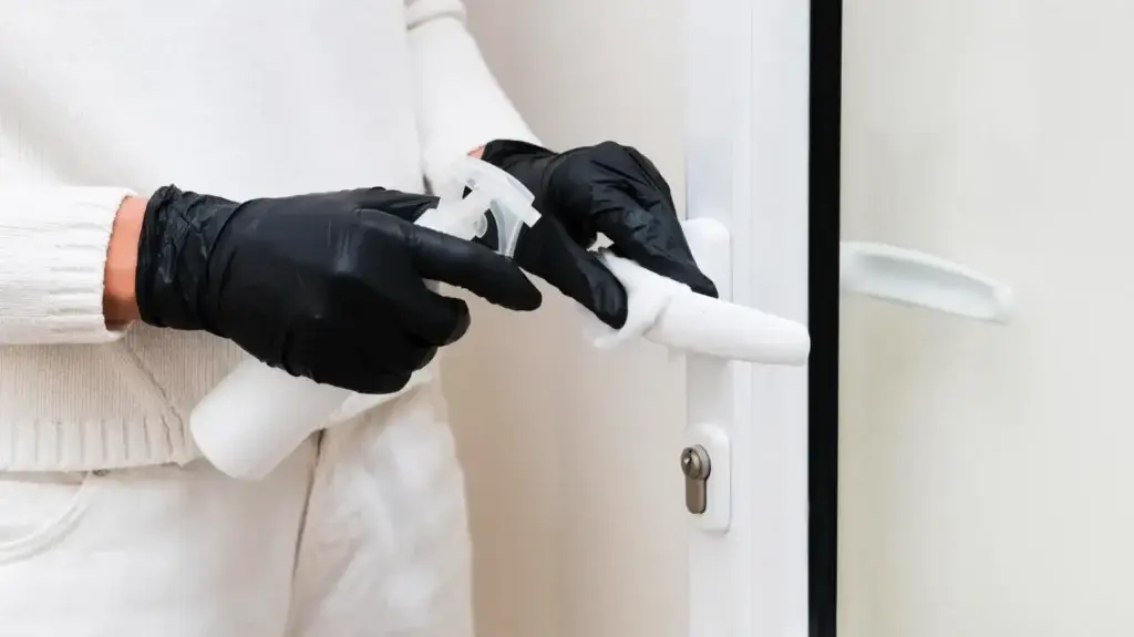gloved hand disinfecting door handle