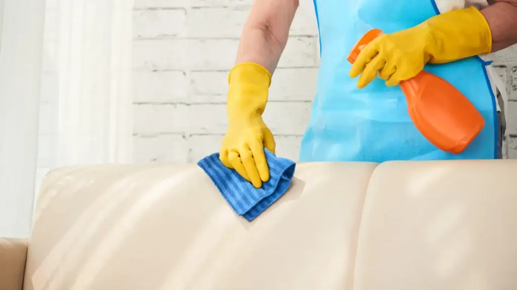 Housekeeper cleaning leather sofa with spray and cloth