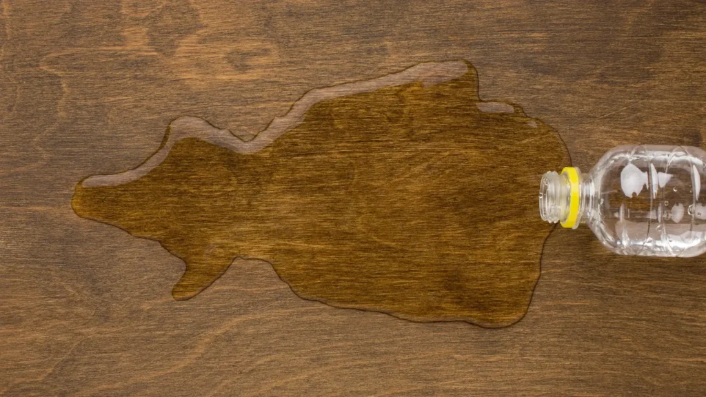 Water spilled from a bottle on a wood floor